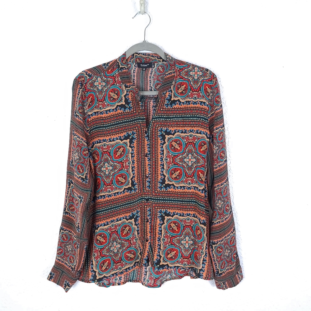 TOLANI 100% Silk Paisley Mixed Print Boho Button Down Shirt